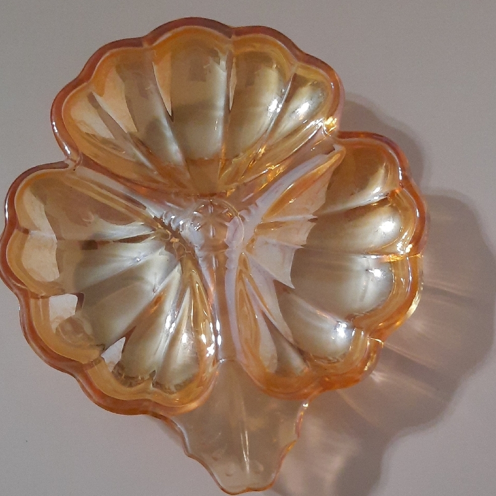 Vintage Jeannette Carnival Glass Marigold 3 Leaf Clover Candy/Nut Dish - Picture 5 of 6